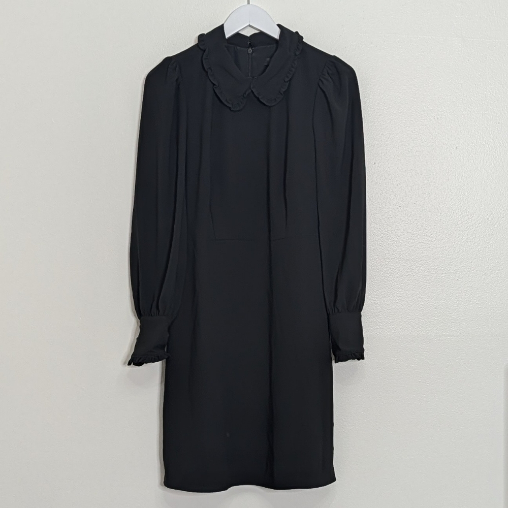 J. Crew Dress 6 Black A Line Ruffle Collared Long Sleeve